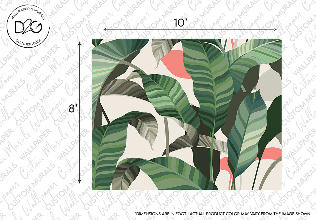 Decor2Go Wallpaper Mural offers a Colorful Tropical Leaves Wallpaper Mural with varied green shades and subtle pink accents. The image includes measurements: 10 inches by 8 inches, making this tropical paradise mural a captivating choice for any room.