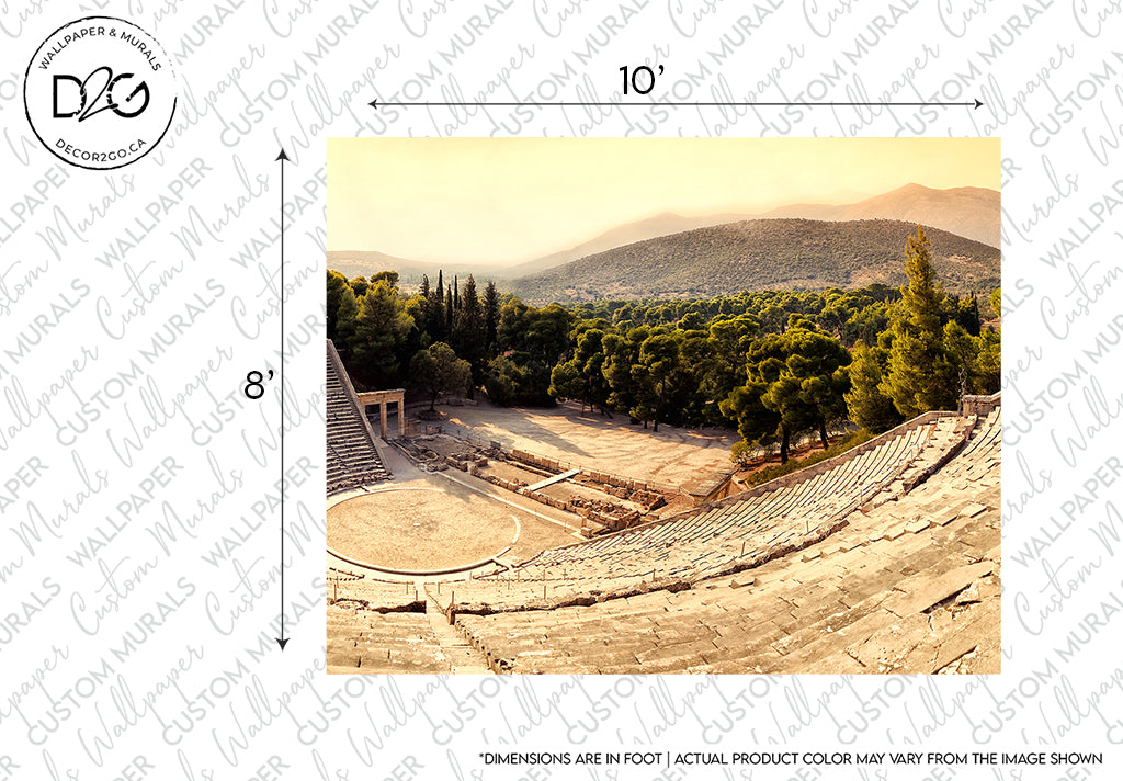 The image features the Decor2Go Wallpaper Mural Greek Theater Epidavros Theater surrounded by lush green hills under a golden sunset, with dimensions marked as 10" by 8". Text indicates dimensions are not to scale and colors may vary.