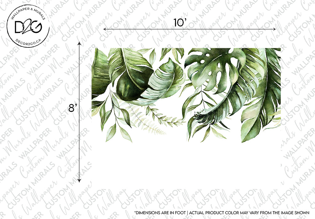 An artistic depiction of the Green is in the air Wallpaper Mural from Decor2Go, featuring various lush green tropical leaves with a text overlay showing dimensions, warning that actual product color may vary from the image of this custom mural.