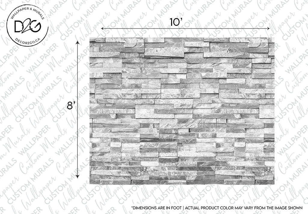 Rendered image of an embossed Grey Stone Wall Wallpaper Mural with varying shades and textures, labeled with measurements showing 10 inches by 8 inches. A note states 'dimensions are not actual, product color may vary.'
