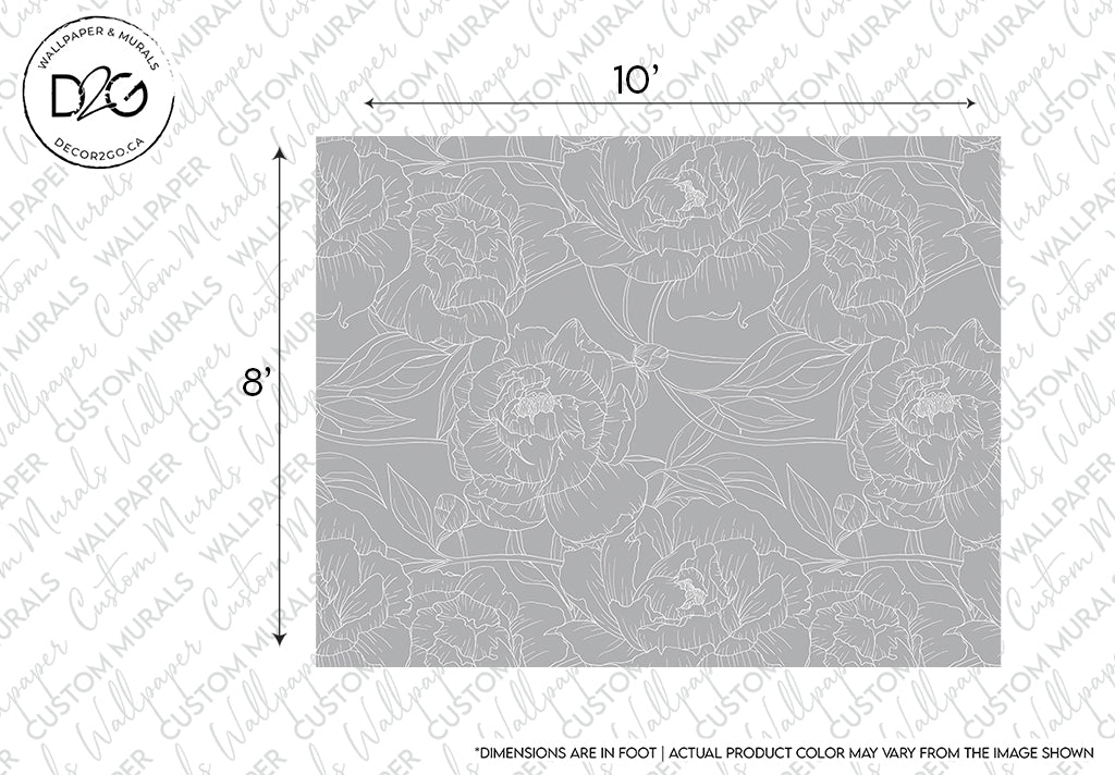 A design blueprint showing a Grey Peonies Outline Wallpaper Mural pattern on a gray background, measuring 10 by 8 feet. The pattern features detailed peonies and leaves, with a note indicating dimensions are not to scale.