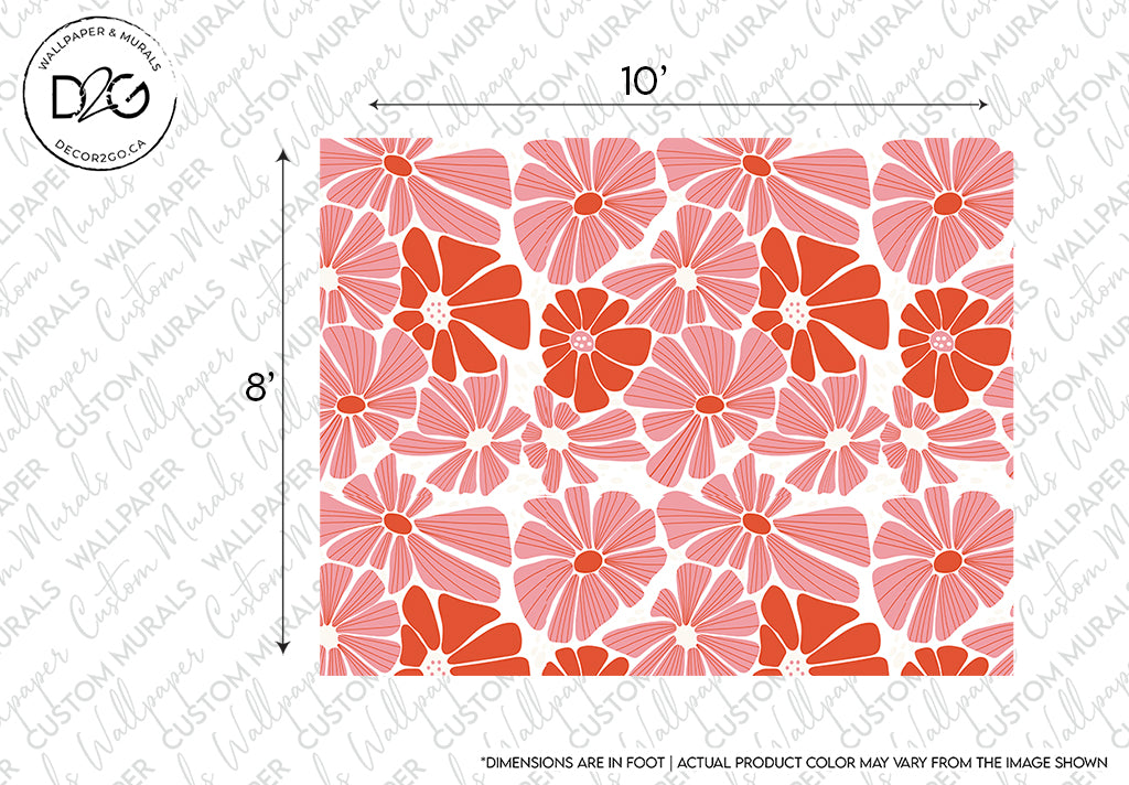 A graphic of a 10 by 8 feet Decor2Go Wallpaper Mural Groovy Flowers Wall mural with large red and pink flowers on a white background. Notations indicate dimensions and a disclaimer about potential color variation from the image.