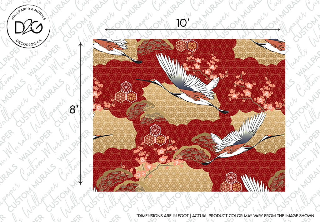 Decor2Go Wallpaper Mural featuring the Imperial Dynasty wallpaper design with red and gold geometric and floral motifs, featuring white cranes in flight. It has dimensions marked for scale. Notation indicates color may vary from image.