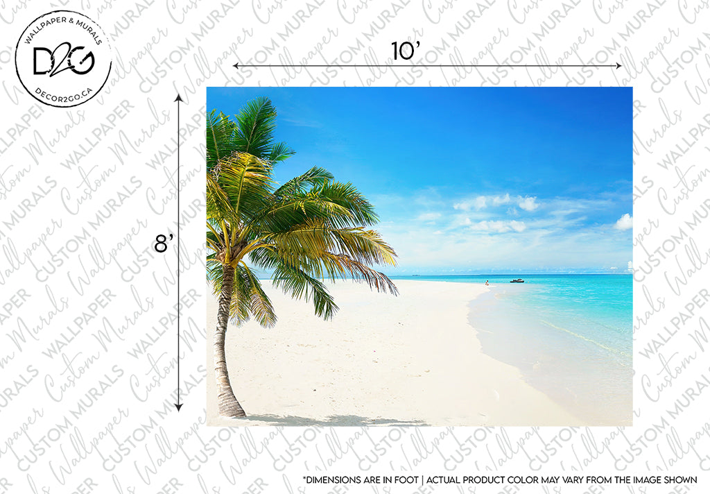 A tropical beach scene with palm trees on the left, clear blue sky, and tranquil turquoise sea, a small boat visible in the distance, framed as a photograph with dimensions marked for the Island in the Sun Wallpaper Mural by Decor2Go Wallpaper Mural.