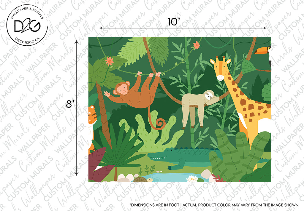 Illustration of a Decor2Go Wallpaper Mural featuring a giraffe, monkey, elephant, and crocodile among lush greenery and a small pond, with a border measuring 10 by 8 feet.