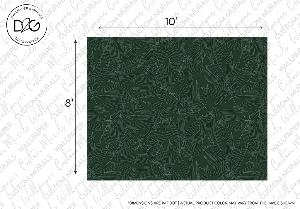 A rectangular green Decor2Go Wallpaper Mural sample measuring 10 by 8 inches, featuring a Leaves lines pattern of white leaf-like designs scattered throughout, with a logo and disclaimer text at the top.