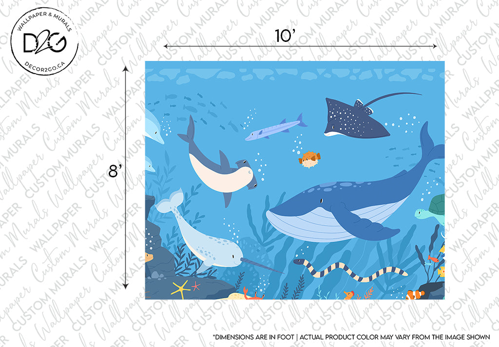 Illustration of various sea creatures including a whale, dolphins, a shark, and smaller fish, swimming among coral and seaweed in Decor2Go Wallpaper Mural with a background measuring scale indicating size.