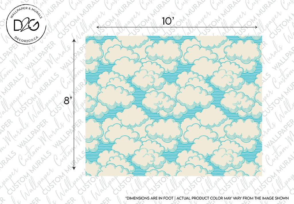 A Living in the Clouds Wallpaper Mural featuring a repeated pattern of white fluffy clouds and blue waves on a soft grey background, measuring 10 by 8 inches, creating a tranquil oasis ambiance by Decor2Go Wallpaper Mural.