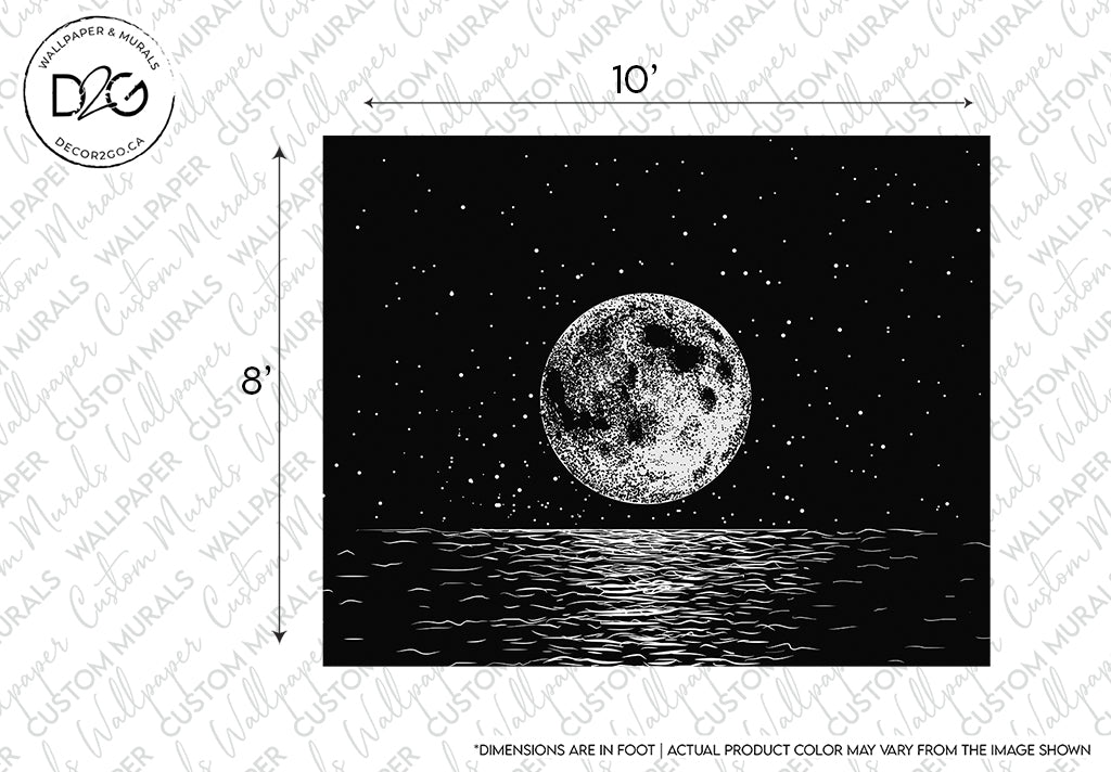 A black and white mural of a detailed moon hanging over a calm sea with stars scattered in the sky, presented in a 10 by 8-inch Lunar Etch Wallpaper Mural by Decor2Go Wallpaper Mural.