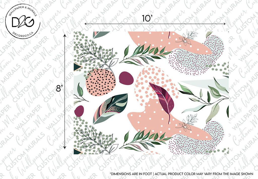 A Millenial Collage Wallpaper Mural from Decor2Go, featuring elements like leaves, dots, and curvy shapes in pink, green, gray, and red on a white background.