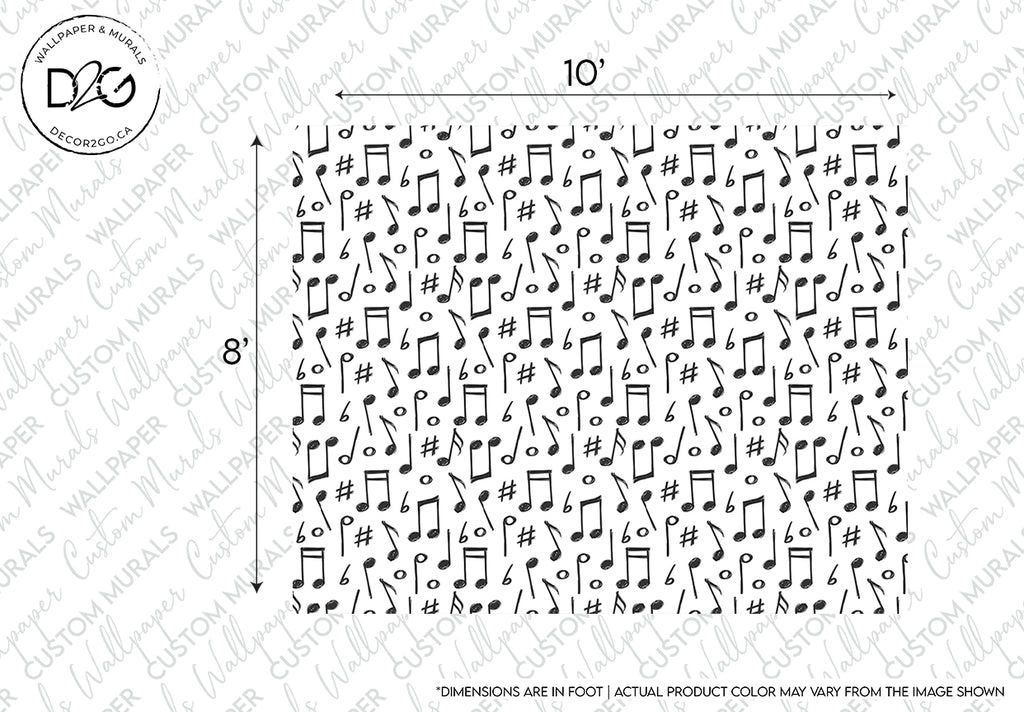 A black and white Music Notes Mural Wallpaper from Decor2Go Wallpaper Mural featuring a pattern of various musical symbols, including eighth notes and sharps, scattered randomly over a custom-sized 10 by 8 inch area.