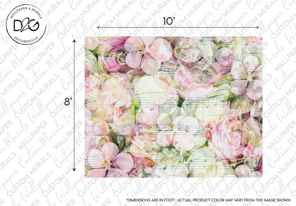 A Decor2Go Wallpaper Mural featuring elegant roses in pastel pink and cream tones with faded measurements and text overlays, displaying dimensions of 10 by 8 feet.