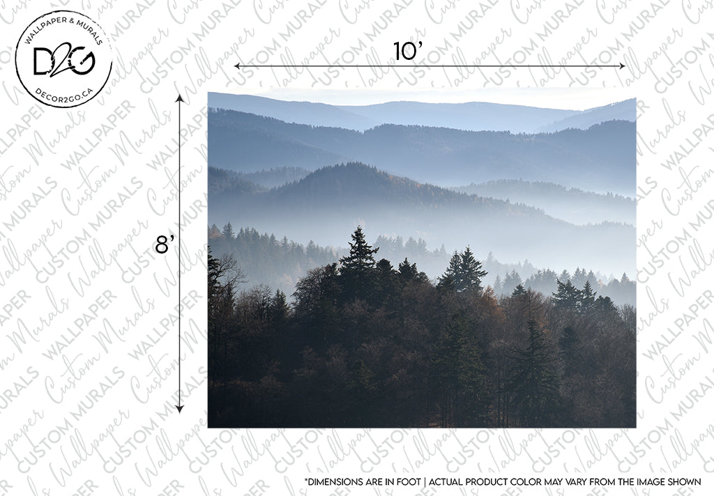 A serene landscape image featuring rolling hills shrouded in mist, with layers of forested mountains stretching into the horizon, under a soft, hazy sky. This scene is now available as Decor2Go Wallpaper Mural's Mysterious Mist Wallpaper Mural.