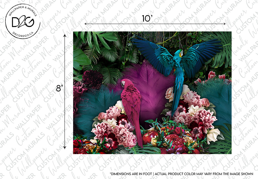 A vibrant Parrot Paradise Wallpaper Mural by Decor2Go Wallpaper Mural depicting a pink and a blue parrot perched amidst lush tropical foliage and colorful flowers. The mural includes a measurement guide showing its 10 by 8 feet dimensions.
