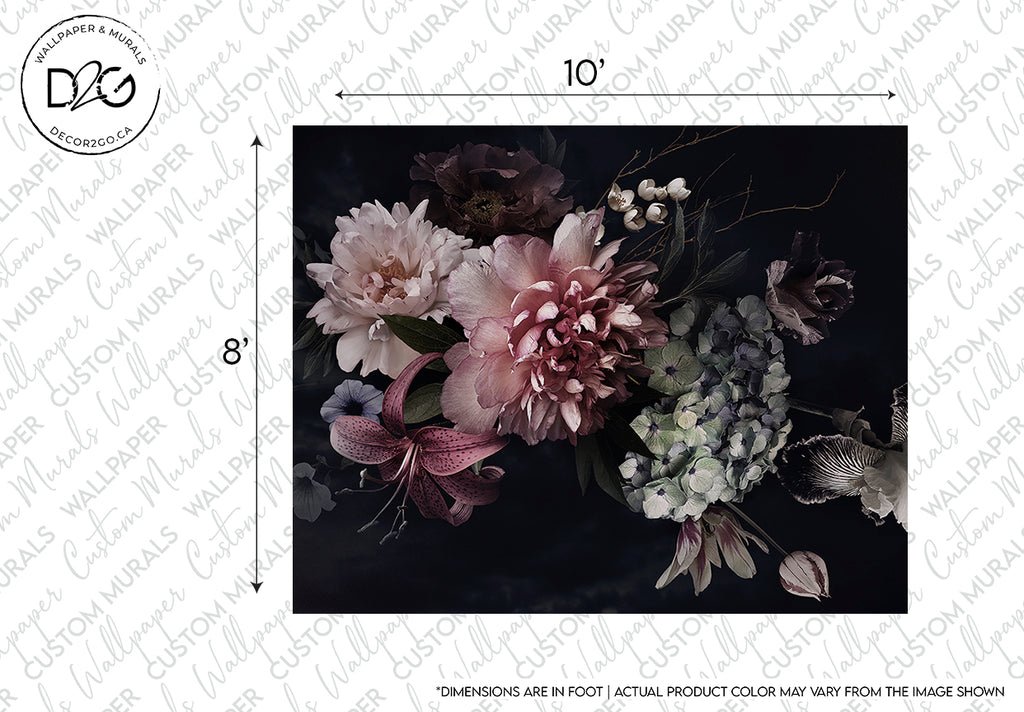 A stunning arrangement of Peonies Over Black Wallpaper Mural in various colors including pink, white, and purple, set against a dark background. The image displays the size dimensions as 10 by 8 inches and serves as elegant wall decor from Decor2Go Wallpaper Mural.