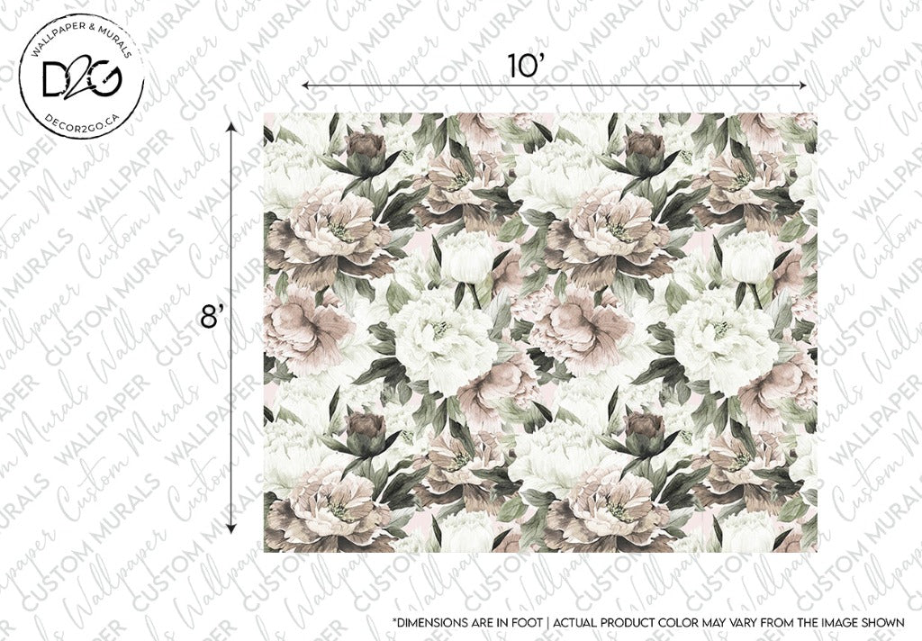 An image of a Decor2Go Wallpaper Mural featuring a pattern of large white and light pink flowers with green foliage on a muted background. The dimensions 10’ by 8’ are indicated.