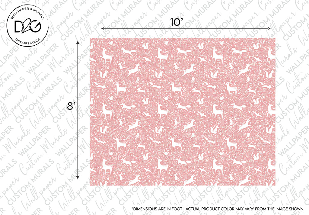 A Pink Woodland Animals Wallpaper Mural sample measuring 10 by 8 inches, featuring a pink background with white illustrations of cats in various playful poses, marked with the logo "Decor2Go Wallpaper Mural" and ideal