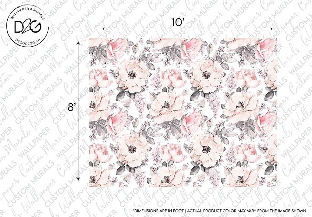 Decorative Decor2Go Pink Drawn Flowers Wallpaper Mural featuring a repeating pattern of pink and beige roses with soft leafy accents on a light background, measuring 10 by 8 feet. Note: color may vary from the image shown.