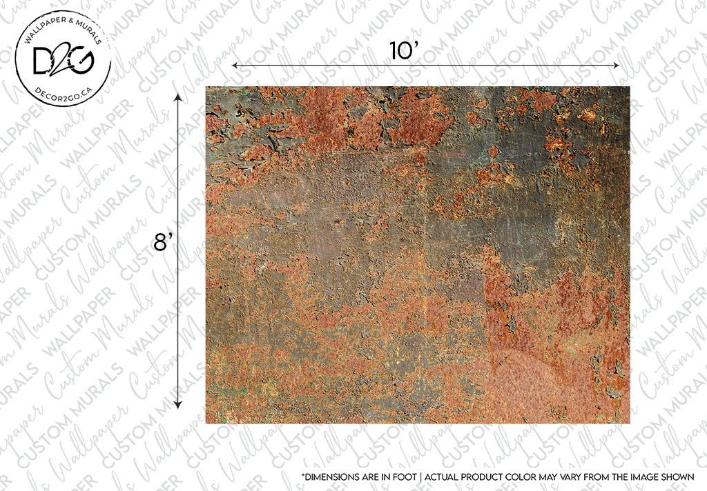 A textured surface with a rust-like appearance is displayed, measuring 10 by 8 feet. The Decor2Go Wallpaper Mural features a blend of red, orange, and muted grey tones, suggesting