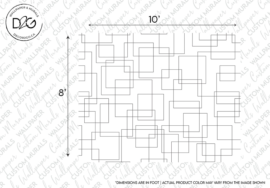 Blueprint-style drawing of a Decor2Go Wallpaper Mural featuring Scattered Squares Wallpaper Mural pattern with interlocking squares and rectangles of varying sizes in a 10 by 8 feet layout.