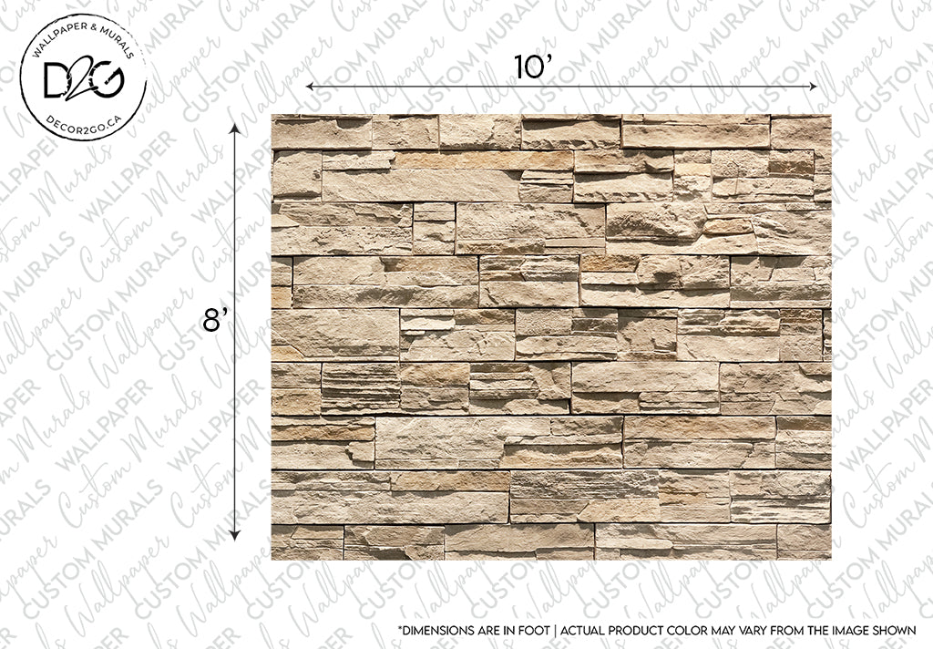 A realistic image of a Decor2Go Taupe Brick Wallpaper Mural, showing varied shades of beige and gray stones neatly arranged. Small dimension indicators, "10 inches" and "8 inches," are superimposed at the
