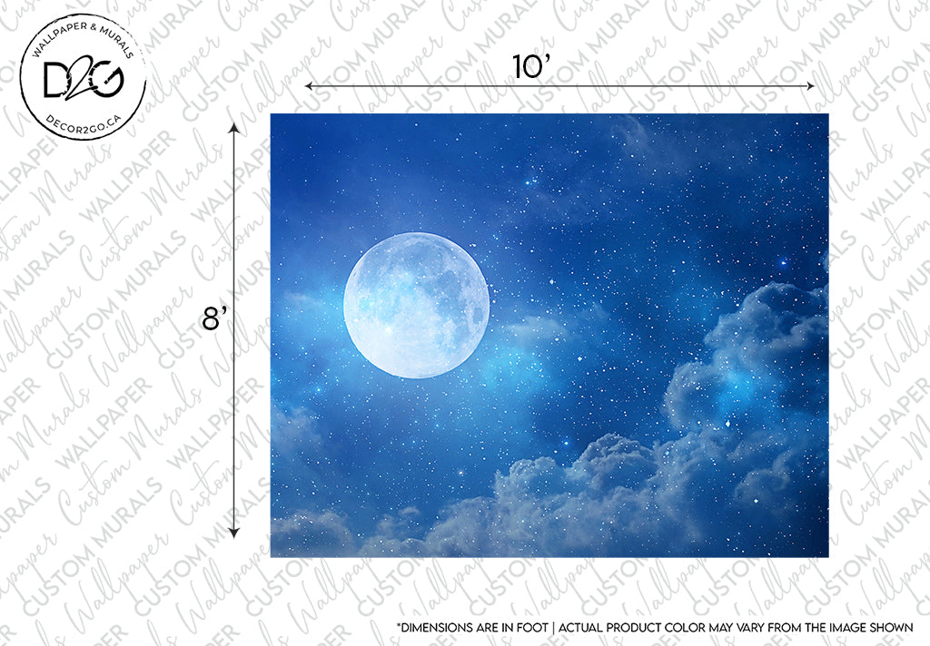 A vibrant Under the Moonlight wallpaper mural by Decor2Go Wallpaper Mural, suitable for bedrooms, depicting a full moon in a starlit sky, with visible clouds and a blue celestial background. The image also contains dimension markings and a watermark.