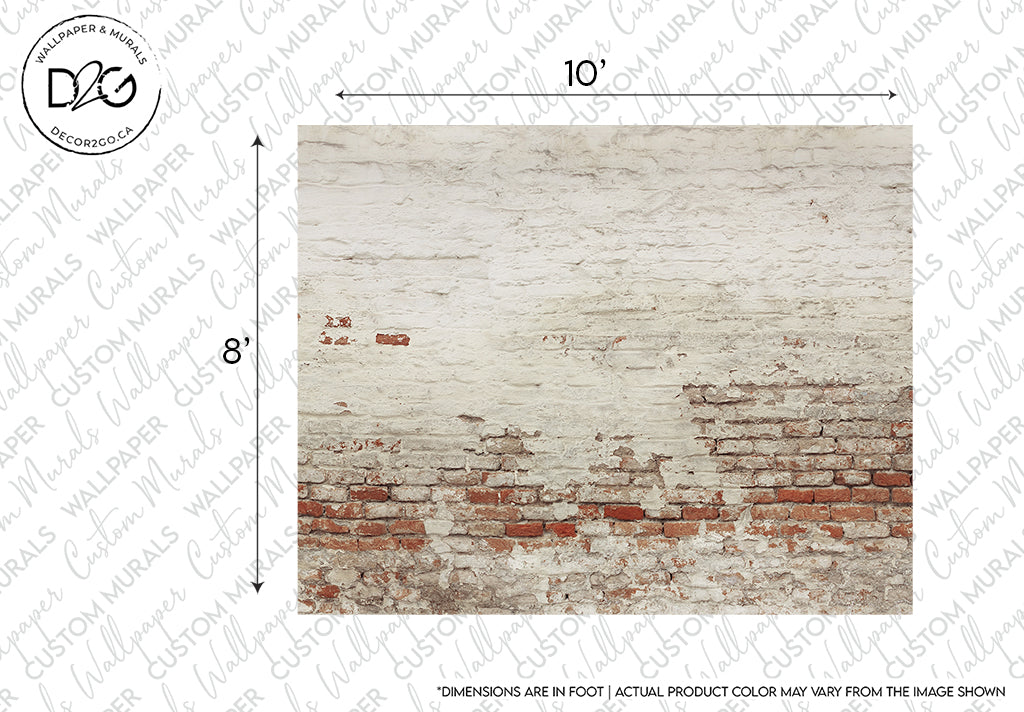 White and red distressed Decor2Go Wallpaper Mural texture with visible signs of wear and sections where plaster has peeled off, revealing underlying bricks. Dimensions marked as 10 feet by 8 feet.