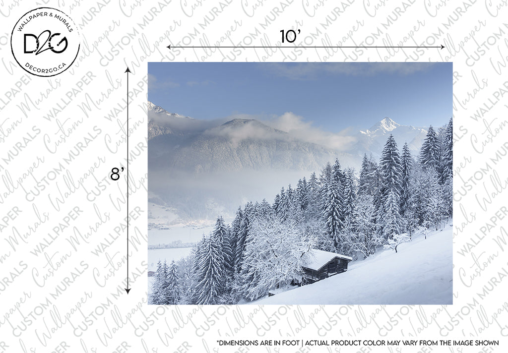 A serene winter landscape showing a snow-capped forest with coniferous trees, a small cabin, and a frozen lake, under a misty sky. Measurement lines indicate the Winter is Coming Wallpaper Mural dimensions for custom sized by Decor2Go Wallpaper Mural.