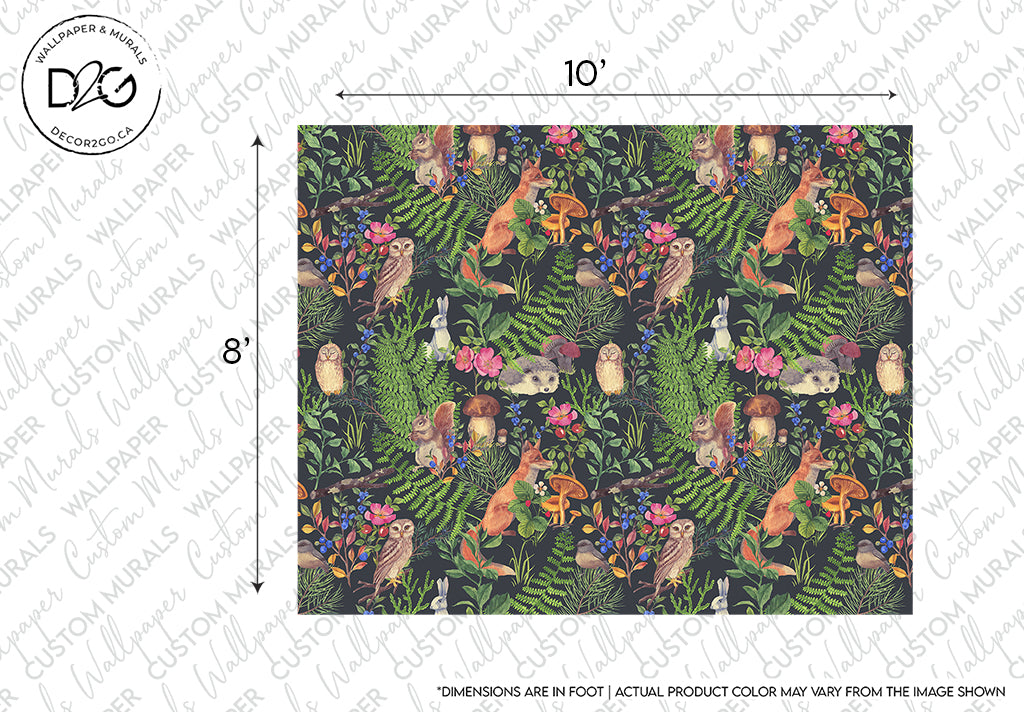 A vibrant tropical fabric Woodland Wonder Wallpaper Mural design featuring various birds, butterflies, and lush foliage with flowers, measured to be 8 feet by 10 feet, under a Decor2Go Wallpaper Mural watermark.