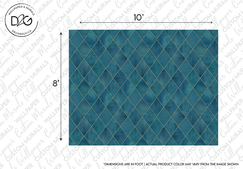 A Argyle Geometric Watercolor Art wallpaper mural in teal with a golden lattice design, now featuring a watercolor aesthetic. Dimensions marked as 10 by 8 feet on white margins, warning that actual color may vary from the Decor2Go Wallpaper Mural.