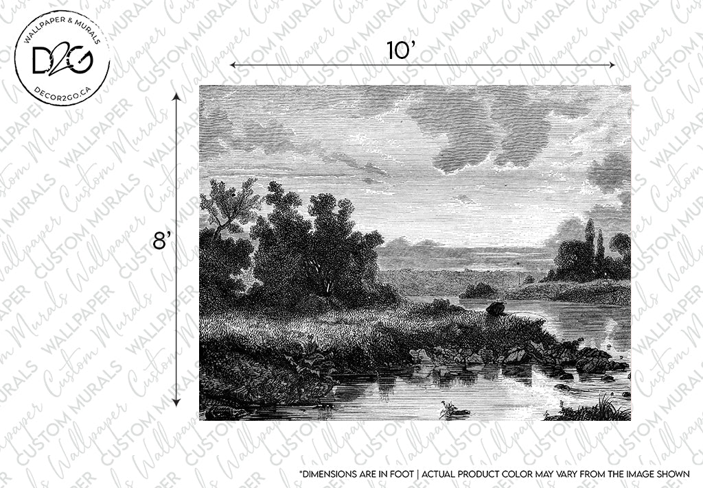 The Mystic Lake Wallpaper Mural from Decor2Go Winnipeg showcases a black and white depiction of a serene landscape, complete with a calm river, grassy banks, and lush greenery in the background. Above, the sky is adorned with a blend of clouds. The mural’s dimensions are 10 feet in width by 8 feet in height.