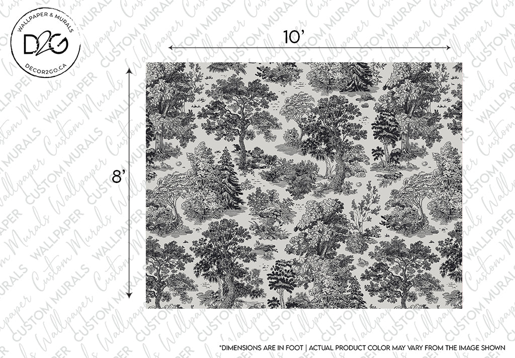 A wall mural, measuring 10 feet wide by 8 feet tall, features a detailed black and white scenic pattern of trees and nature elements. This Forest Reverie Wallpaper Mural from Decor2Go Winnipeg has a background watermark with the text "CUSTOM WALLPAPER & MURALS" and "ACTUAL PRODUCT COLOR MAY VARY FROM THE IMAGE SHOWN.