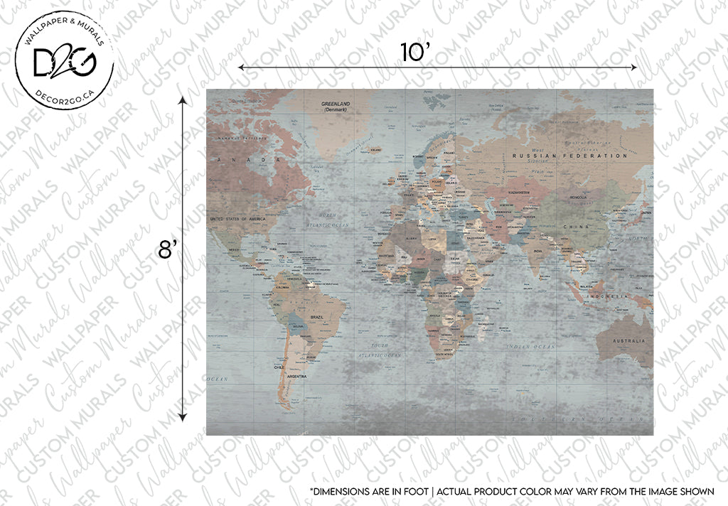 A Decor2Go Wallpaper Mural, old world map design, labeled countries, and specific dimensions noted as 10 feet by 8 feet.