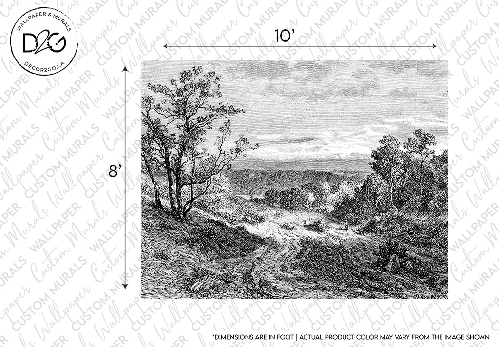 The Mystic Lake Wallpaper Mural by Decor2Go Winnipeg portrays a detailed black and white sketch of a serene, hilly landscape with a winding dirt path. Trees, including one prominent tree in the left foreground, are scattered throughout the scene. The expansive sky is mostly clear, enhancing the ethereal feel of this forest pathway. This stunning mural measures 10 feet wide and 8 feet tall.