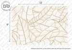 Introducing the Golden Escape Wallpaper Mural by Decor2Go Wallpaper Mural, a luxury wallpaper mural measuring 13 feet wide by 9 feet tall. It features an intricate design of overlapping tropical leaves in a minimalistic style with detailed linework. The leaves are outlined in a luxurious gold or brown color on a pristine white background.