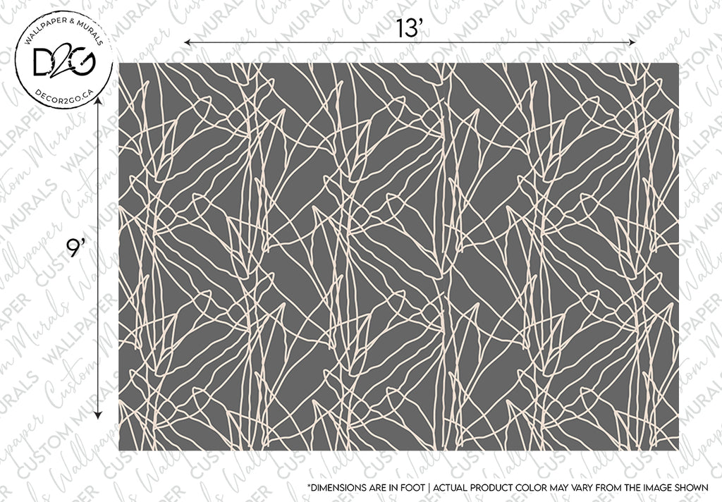 A 13" square fabric swatch with a dark gray background featuring an intricate design of abstract white lines, resembling interconnected twigs or branches.