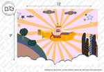 A mural measuring 13 feet by 9 feet depicts a whimsical yellow submarine flying through a colorful, surreal landscape. The background features a pink sky with starbursts, floating clouds, trees, striped buildings, and stars—a perfect piece for kids' wallpaper with its whimsical design called A Rainbow of Fun Wallpaper Mural from Decor2Go Wallpaper Mural.