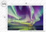A vibrant display of the northern lights in purple and green hues over a tranquil blue lake under a starry sky, with dimensions annotated for Decor2Go Wallpaper Mural sizing.