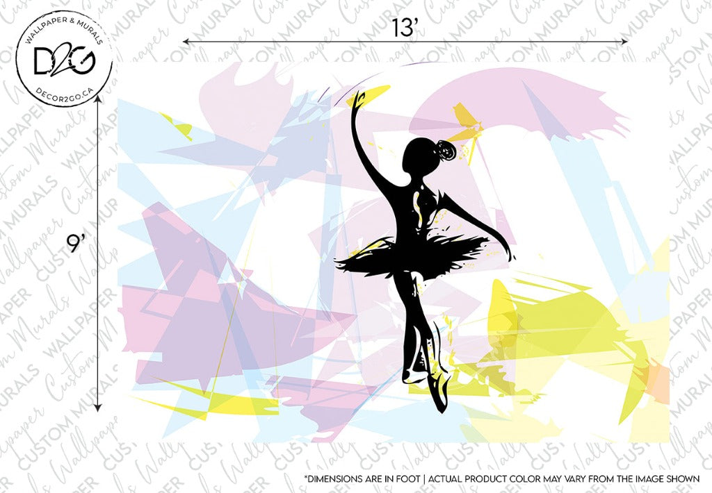 Silhouette of a ballerina in a tutu, gracefully posing on one leg, set against a vibrant, abstract background of pastel shapes and splashes of color. This Ballet Dancer Silhouette Wallpaper Mural by Decor2Go Wallpaper Mural.