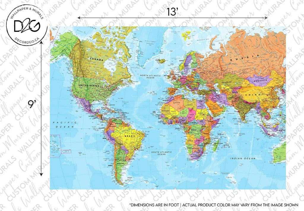 A colorful world map wallpaper showing country borders, major cities, and geographical features like mountains and rivers. Dimensions and a logo are overlayed on the image.

should be replaced with:

The Bright World Map Wallpaper Mural from Decor2Go Wallpaper Mural shows country borders, major cities, and geographical features like mountains and rivers. Dimensions and a logo are overlayed on the image.