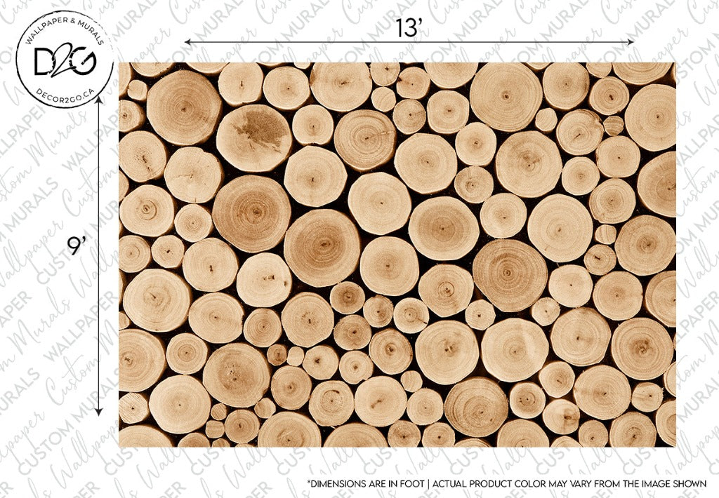 A Decor2Go Wallpaper Mural featuring an array of cross-sectional views of Chopped Wood Wallpaper Mural neatly arranged, showing various faux textures and wood grains.