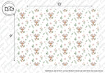 Pattern design featuring regularly spaced pink flowers with green leaves on a white background, now enhanced with Deer Pattern Wallpaper Mural for charming nursery wall decor, dimensions marked as 13 feet by 9 feet.