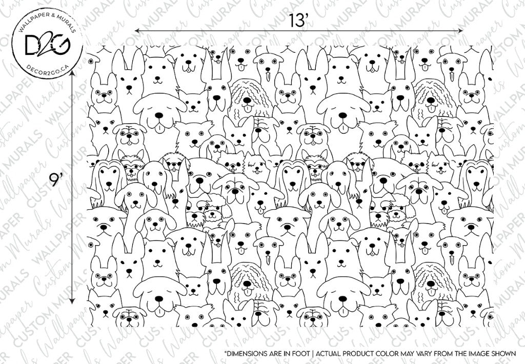 A playful black and white illustration featuring a dense pattern of various cartoon dogs with different expressions and poses, showcasing diverse shapes and sizes, covering the entire image area as a Dog Loft Wallpaper Mural by Decor2Go Wallpaper Mural.