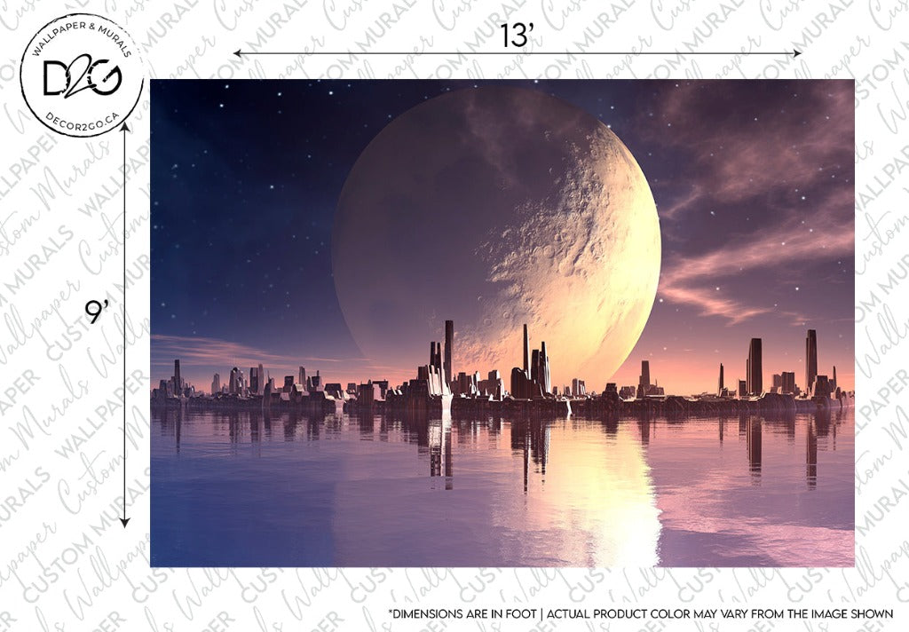 A futuristic city skyline at dusk with tall buildings reflecting in water and a large, detailed Decor2Go Wallpaper Mural in the background under a starry sky.