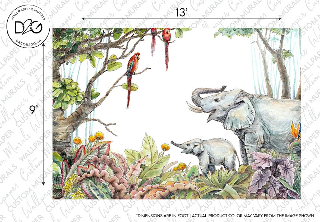 Illustration of a lush jungle scene featuring forest animals such as an adult elephant and a calf, surrounded by vibrant tropical plants and flowers. Two parrots perch on a tree branch above using the Escape to the Jungle Wallpaper Mural from Decor2Go Wallpaper Mural.