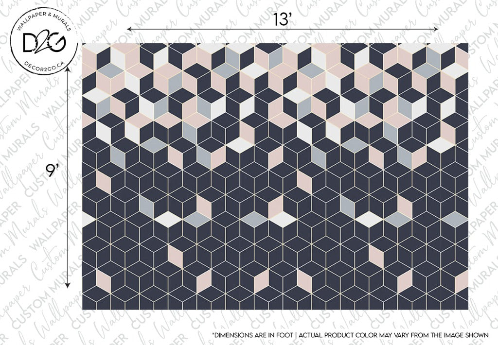 Sample Falling Cubes Wallpaper Mural design featuring a pattern of falling cubes in shades of blue, gray, and pink, with a measurement label and Decor2Go Wallpaper Mural logo on the border.