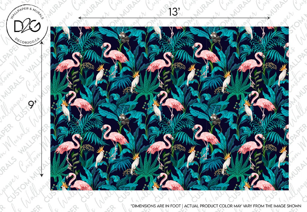 A vibrant colour palette in the Decor2Go Wallpaper Mural Flamingo Fever wallpaper mural, featuring pink flamingos among lush green tropical foliage and small yellow flowers, with measured dimensions and a note on potential color variation.