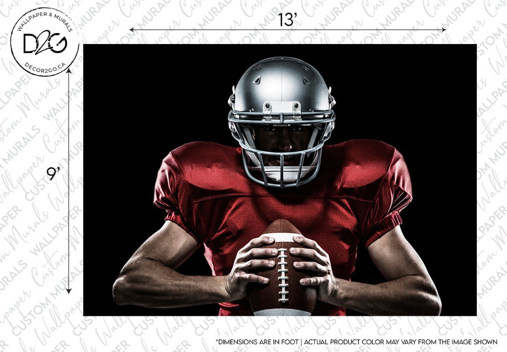 An intense close-up of an American football player in a red jersey and helmet, holding a football, against a dark background with dramatic lighting. Text and logos indicate sports apparel branding. This Decor2Go Wallpaper Mural is perfect.