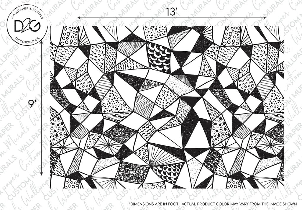 Decor2Go Geometric Black & White Wallpaper Mural featuring an abstract pattern with various shapes filled with detailed textures and designs, set in a grid. It states "dimensions are in foot | actual product color may vary from the