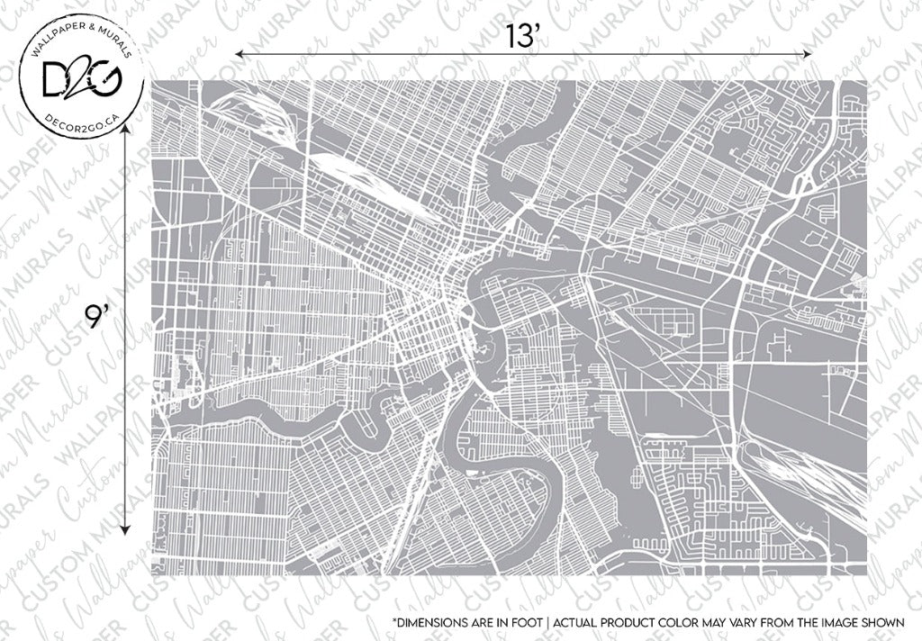 A detailed monochrome street map of Winnipeg showing numerous roads and water bodies, set within a 13-inch frame, marked with the logo "Decor2Go Wallpaper Mural" in the corner.